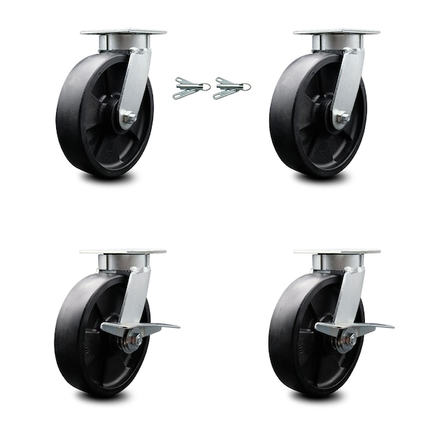 8 Inch Kingpinless Glass Filled Nylon Wheel Caster Swivel Locks 2 Brakes, 2PK